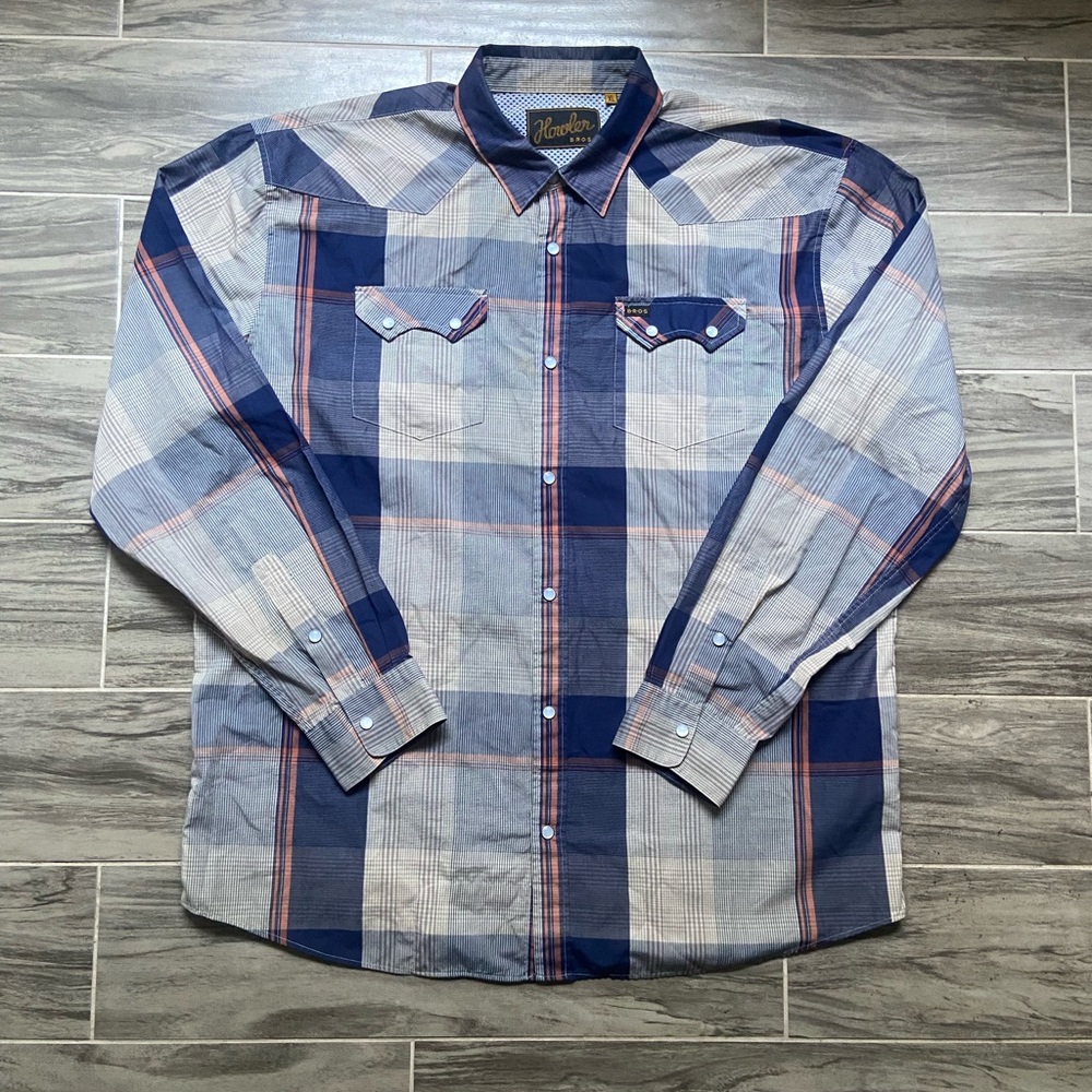 Howler Brothers Pearl Snap Navy and Gray Plaid Button Down Shirt
